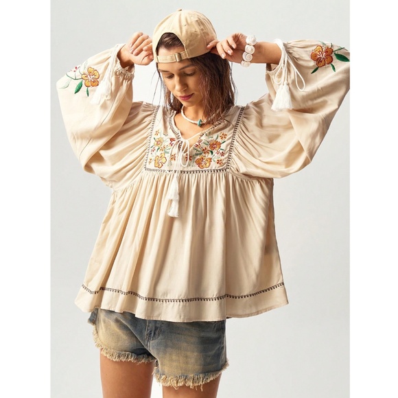 Embroidered Bohemian Shirt in Beige Detailed V-Neck, Tassel Ties on Neck, Cuffs - Picture 6 of 9